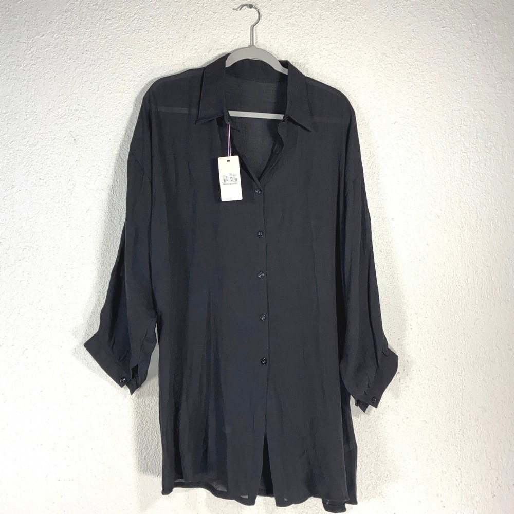 Comfyluxe Black Button Down Tunic Top Long Sleeve Sheer Shirt JP5007 OS NEW